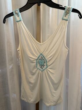Sleeveless Embellished V-Neck Tank Top - White with Aqua Accents